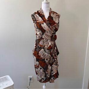 H&M Floral Ruffle Dress Women’s Size 10  Brown Black Orange Cream Tummy Hiding